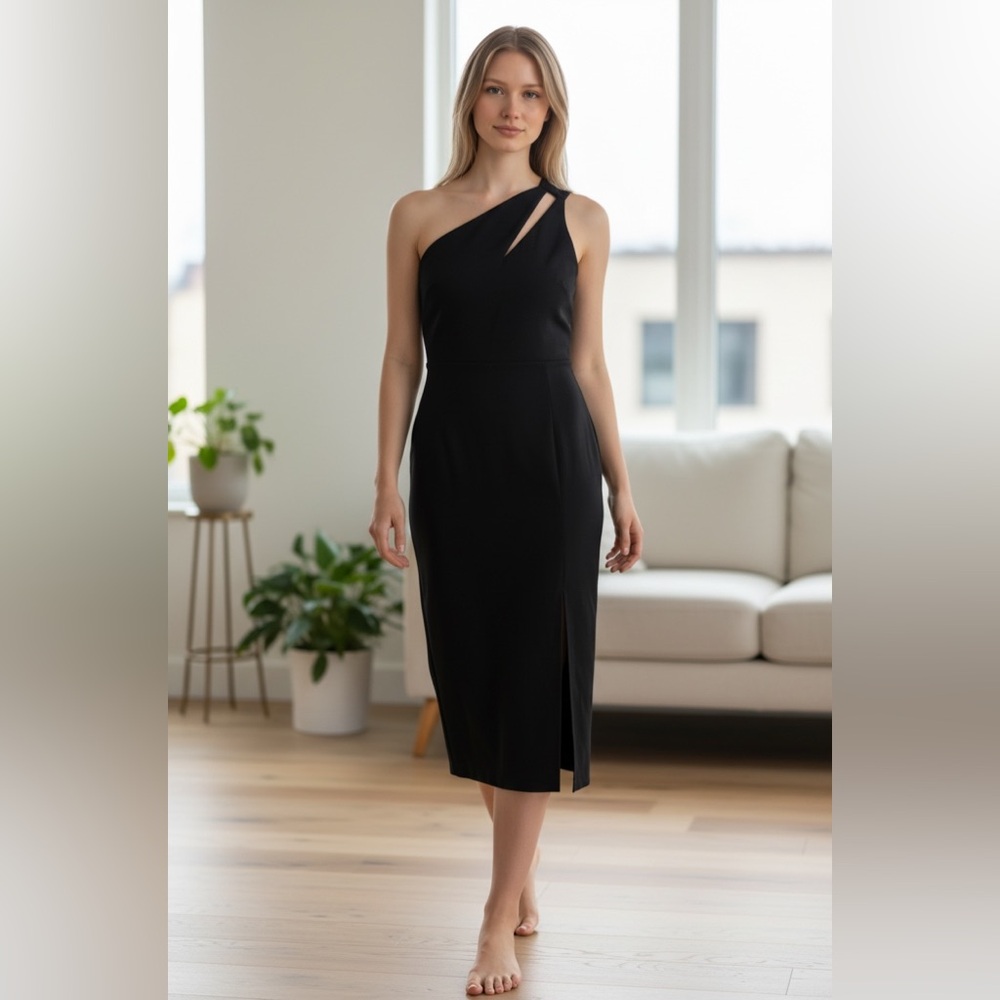 Asymmetric One-Shoulder Black Midi Dress with Side Slit